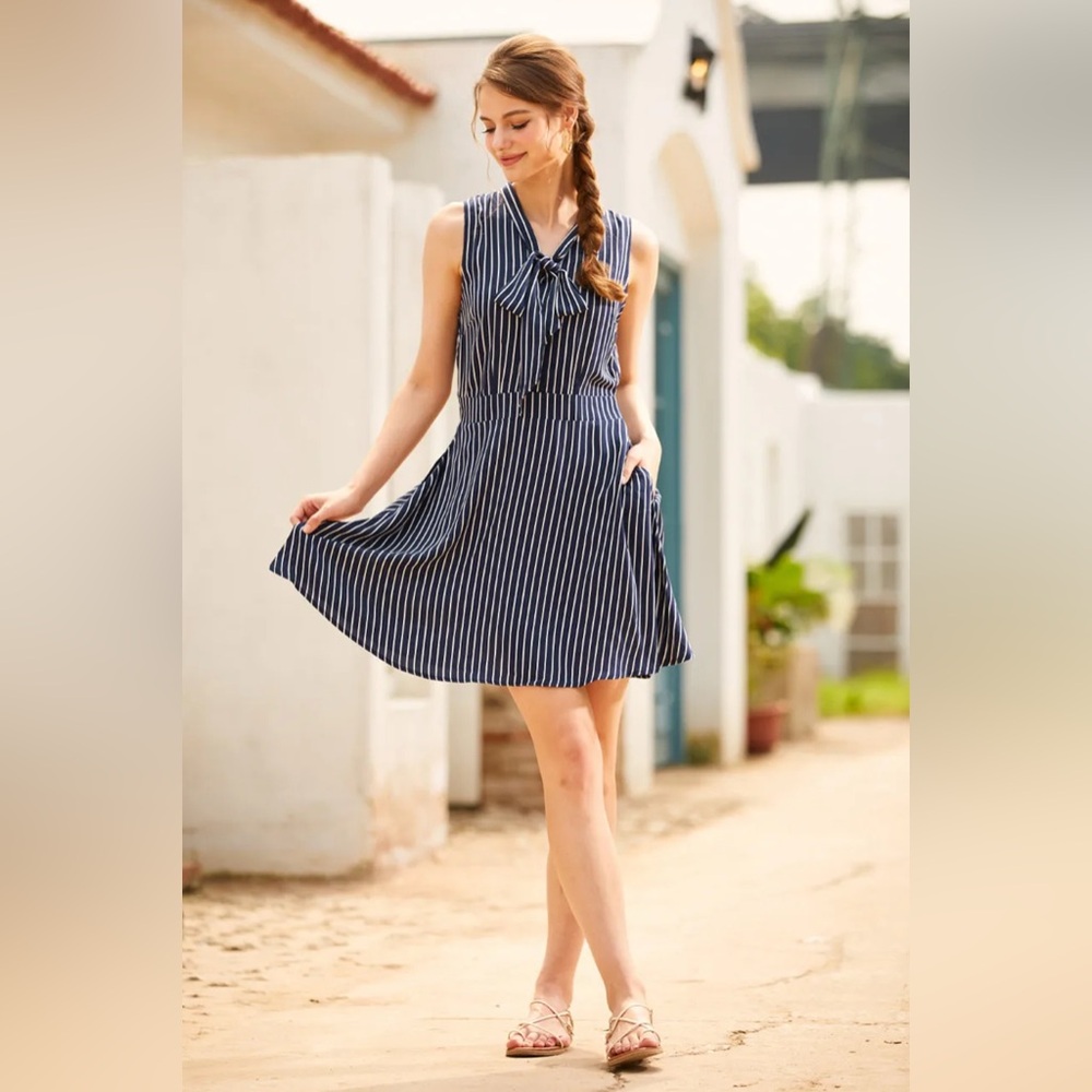 ModCloth Bliss in a Swish Tie Neck Navy Stripe Dress Size 2X NWT